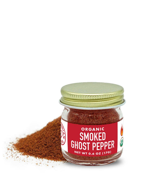 Pure Indian Foods - Ghost Pepper (Smoked Bhut Jolokia), Certified Organic: 0.6 oz Glass Bottle / Ground