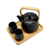 Urban Tokyo - Black Marble Glazed Tea Set 22 oz Tea Pot with 2 Cups and Wooden Tray (1/12)