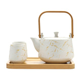 Urban Tokyo - White Marble Glazed Tea Set 22 oz Tea Pot with 2 Cups and Wooden Tray (1/12)