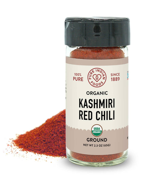 Pure Indian Foods - Kashmiri Chili Pepper Ground (Mild), Certified Organic: 2.3 oz Glass Bottle