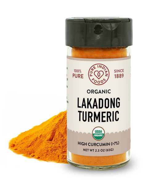 Pure Indian Foods - Lakadong Turmeric (High Curcumin >7%), Certified Organic: 2.3 oz Glass Bottle