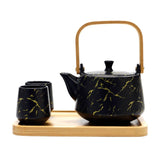 Urban Tokyo - Black Marble Glazed Tea Set 22 oz Tea Pot with 2 Cups and Wooden Tray (1/12)
