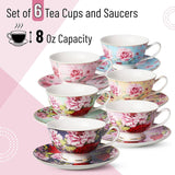 Brew To A Tea - BTaT Floral Tea Cups Set of 6 with Saucers - 8oz