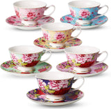 Brew To A Tea - BTaT Floral Tea Cups Set of 6 with Saucers - 8oz
