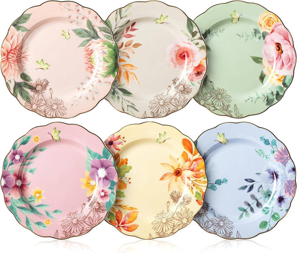 Brew To A Tea - BTaT Floral Porcelain Dessert Plates Set of 6, 8 Inch