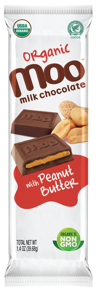 MOO Organic Chocolates - Organic Peanut Butter & Milk Chocolate Large Bar,  1.4 oz