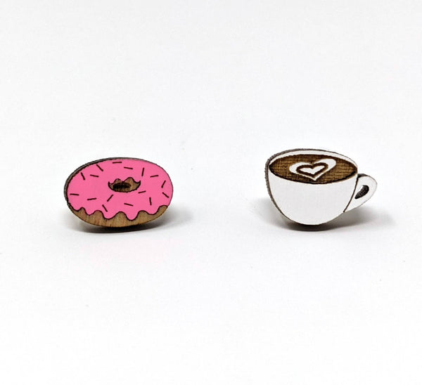 Unpossible Cuts - Coffee & Donut Mismatch Wood Earrings