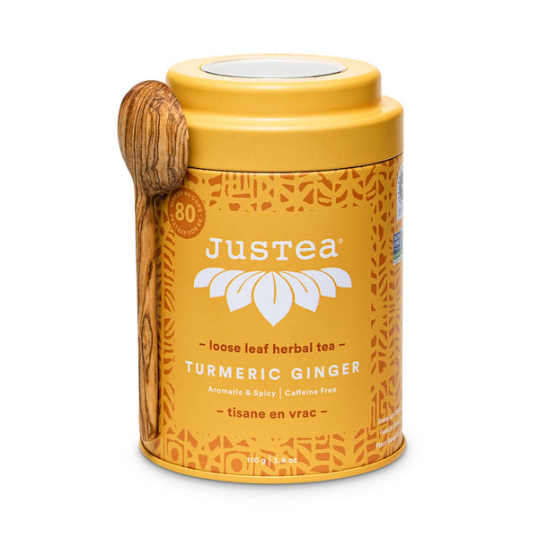 JusTea - Turmeric Ginger Tin & Spoon - Organic, Fair-Trade Herbal Tea